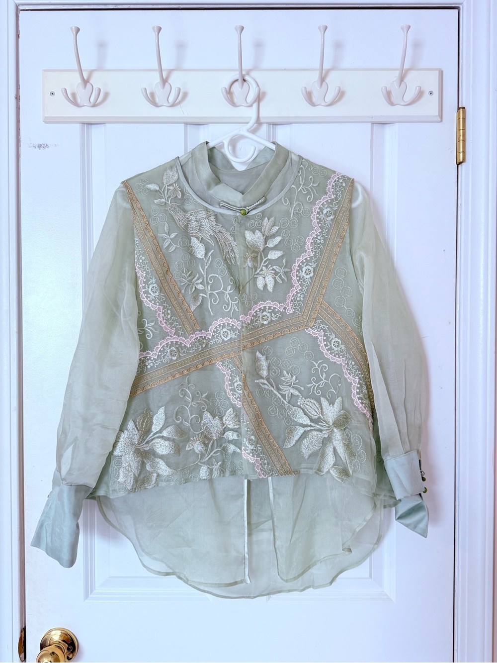 Embroidered Sheer Sage Green Button-Down Blouse
